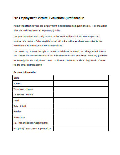 pre employment medical evaluation questionnaire