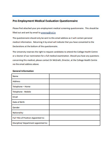 pre employment medical evaluation questionnaire