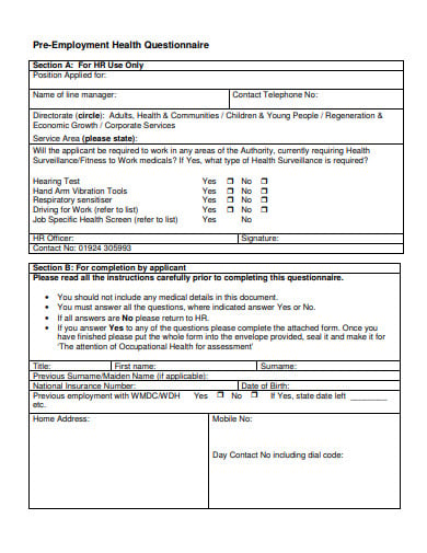 pre employment medical questionnaire sample