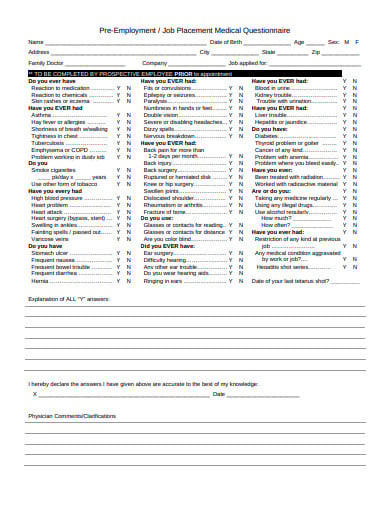 pre employment medical questionnaire template