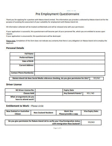pre employment questionnaire template