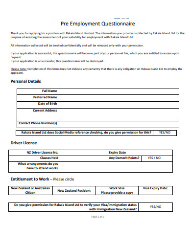 15 Pre Employment Questionnaire Templates In Pdf Ms Word 2945