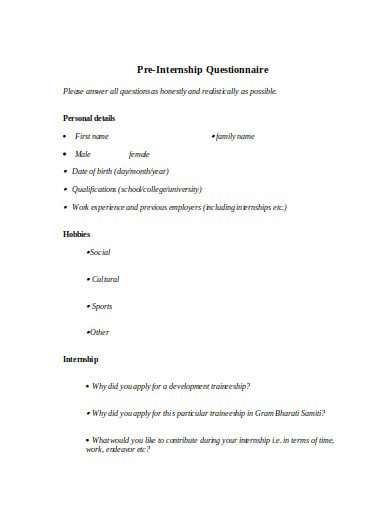 pre internship questionnaire template