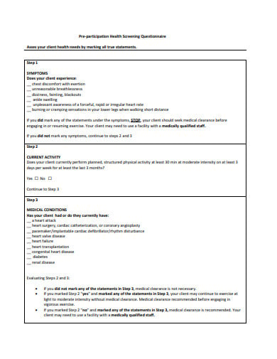 pre participating health screening questionnaire template