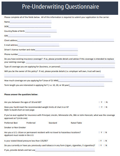 pre underwriting questionnaire