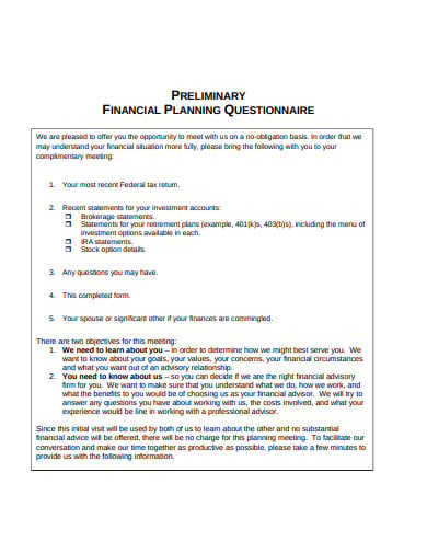 preliminary financial planning questionnaire template
