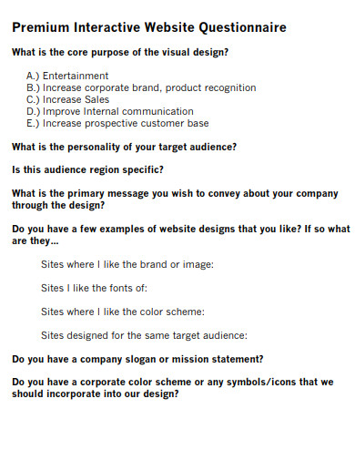 premium interactive website questionnaire template