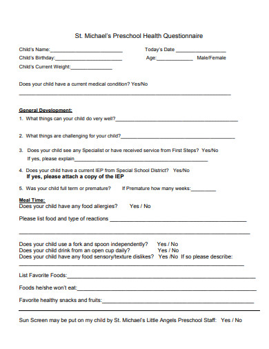 15 Preschool Questionnaire Templates Pdf Doc Free And Premium Templates