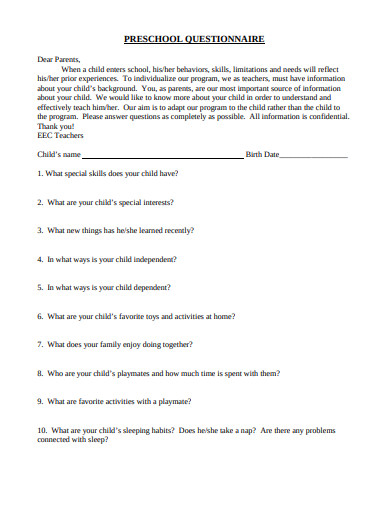 15 Preschool Questionnaire Templates Pdf Doc Free And Premium Templates