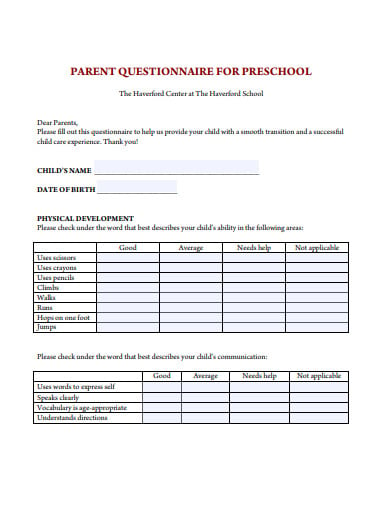 preschool for parent questionnaire