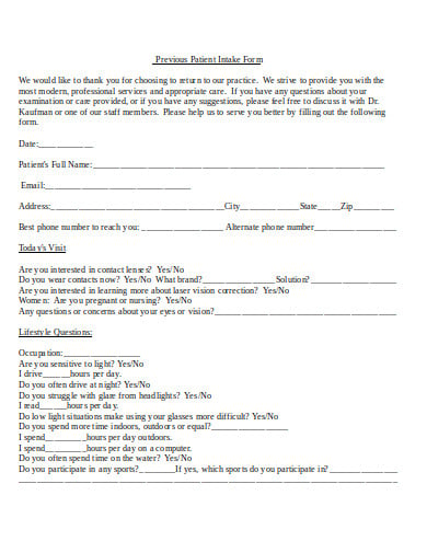 previous patient intake form template