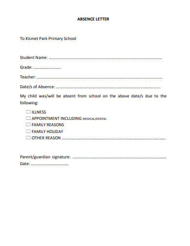 primary school absence letter