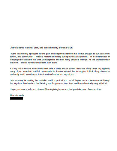 principle apology letter to parnets staff template