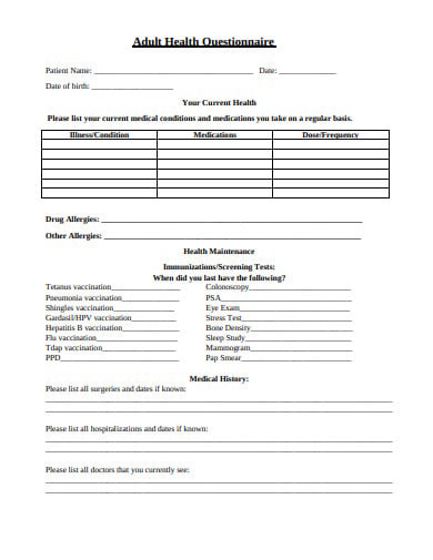 10 Adult Health Questionnaire Templates In Pdf Ms Word