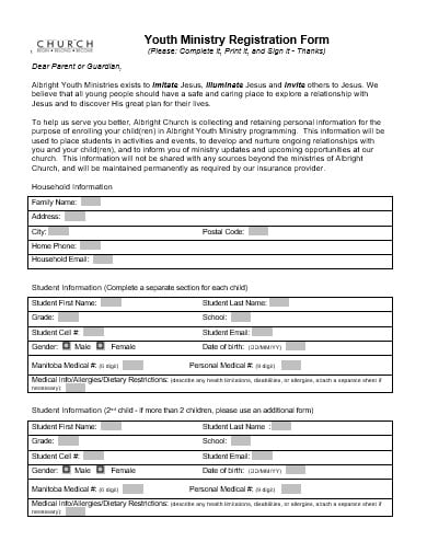 printable church youth registration form template