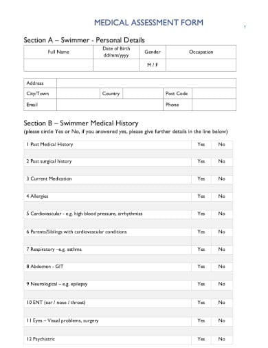 printable medical assessment form template