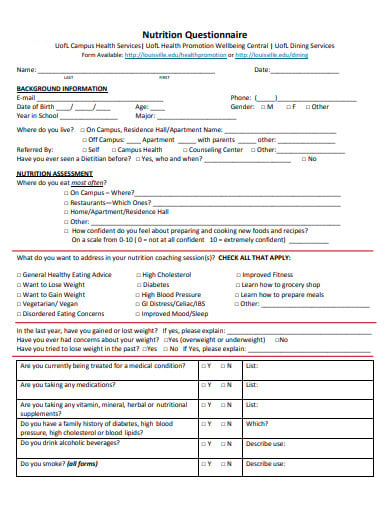 printable nutrition questionnaire template