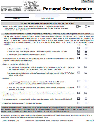 printable personal questionnaire template