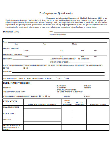 15+ Pre-Employment Questionnaire Templates in PDF | MS Word | Free ...