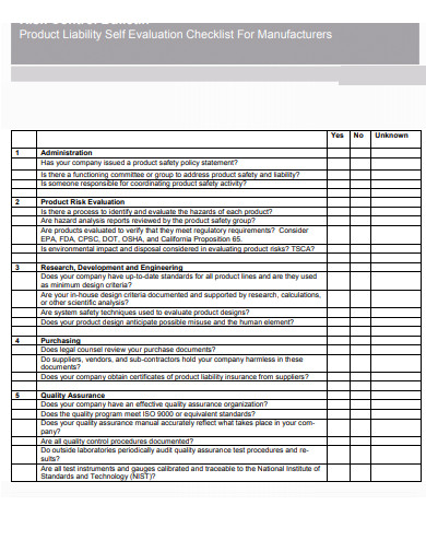 product liability self evaluation checklist