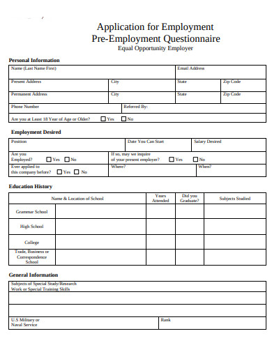 profession pre employment questionnaire