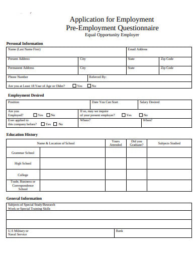 15+ Pre-Employment Questionnaire Templates in PDF | MS Word