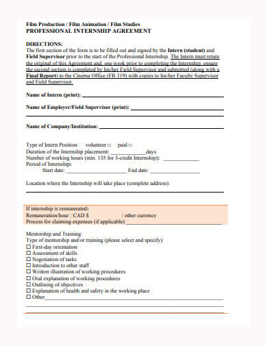 professional internship agreement form template