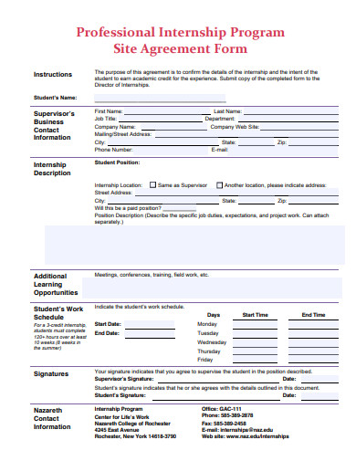 professional internship program site agreement form template