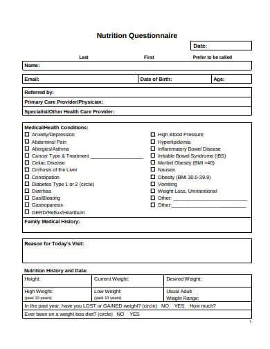 professional nutrition questionnaire example