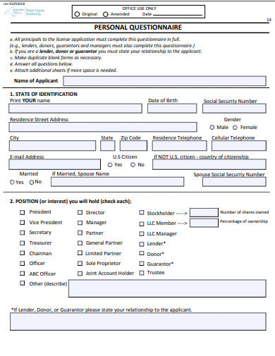 professional personal questionnaire example