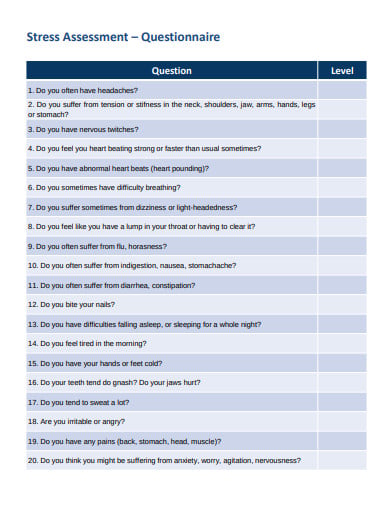 professional stress assessment questionnaire template