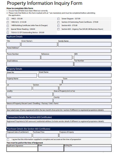 property information inquiry form template