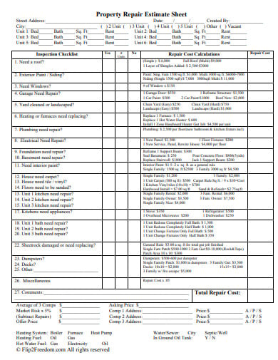 property repair estimate sheet