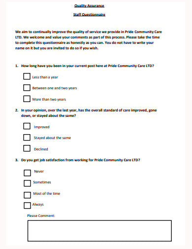 quality assurance staff questionnaire template