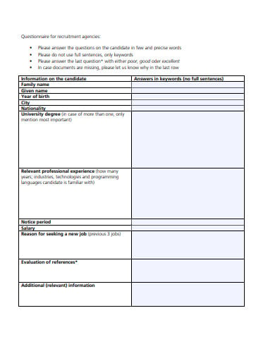 questionnaire for recruitment agencies template