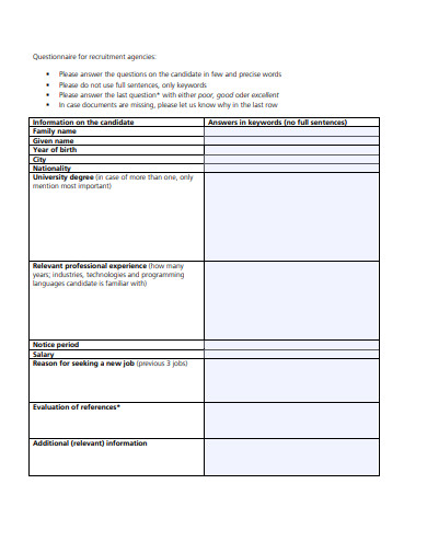 14+ Recruitment Questionnaire Templates - DOC, PDF