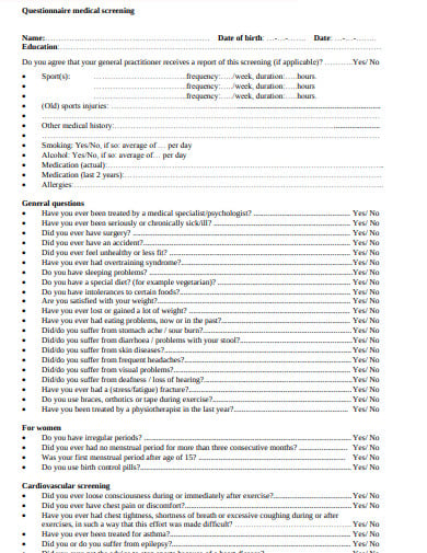questionnaire on medical screening template