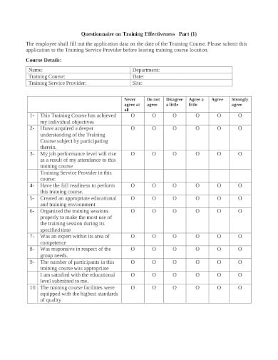 questionnaire on training effectiveness in pdf