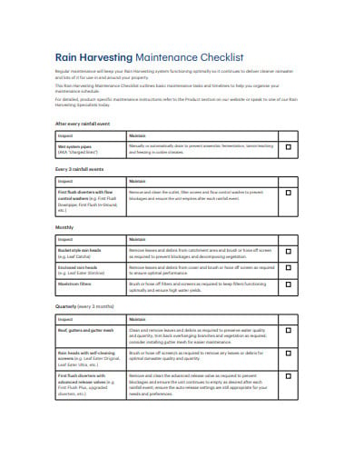 rain harvesting maintenance checklist template