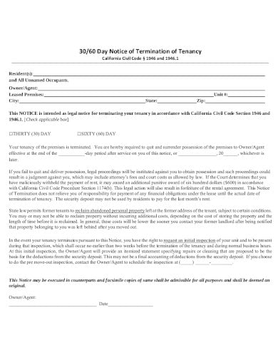 real estate 30 60 day notice of termination