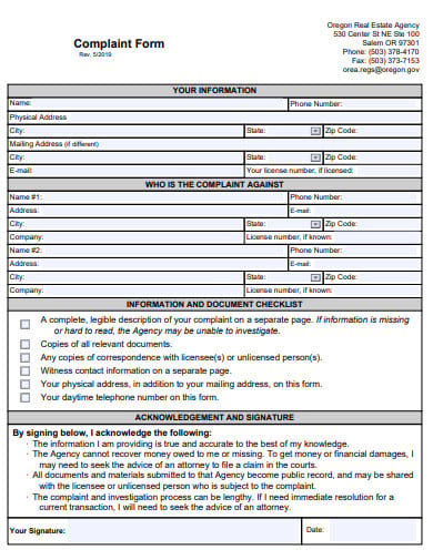 real estate agency complaint form template