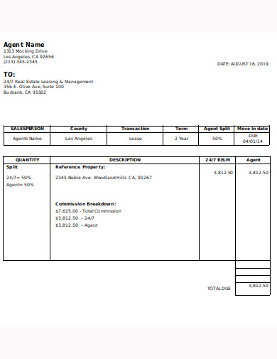 real estate commission breakdown invoice template