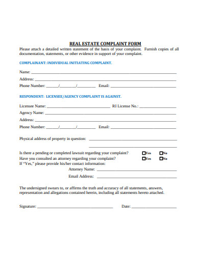 real estate complaint form template