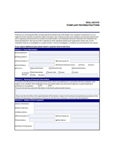 real estate complaint information form template