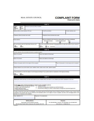 real estate counsil complaint form template