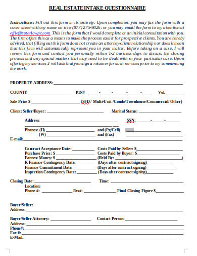 real estate intake questionnaire form