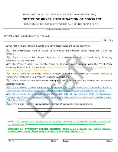 real estate notice of buyers termination of contract