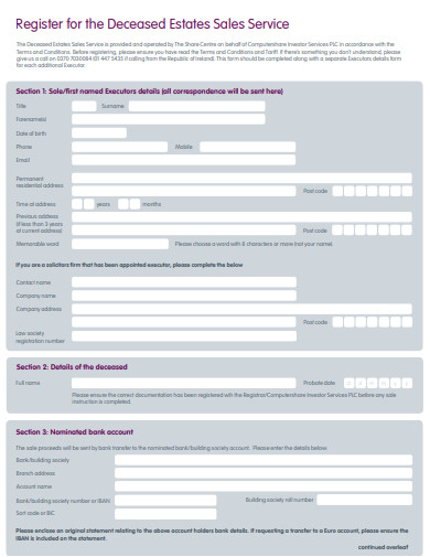 register for the deceased estates sales service