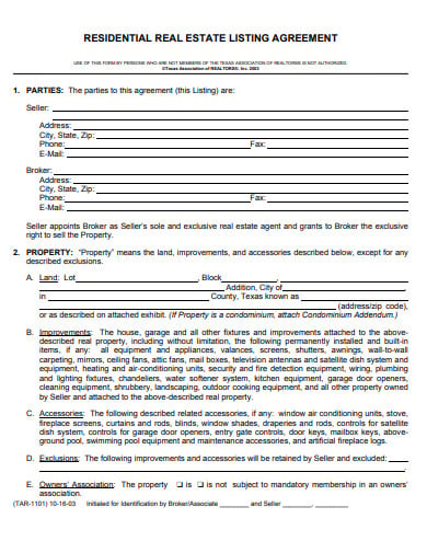 residential real estate listing agreement form template