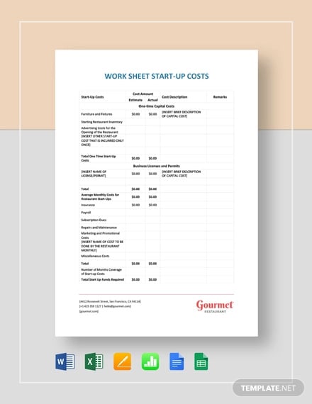 restaurant worksheet start up costs template